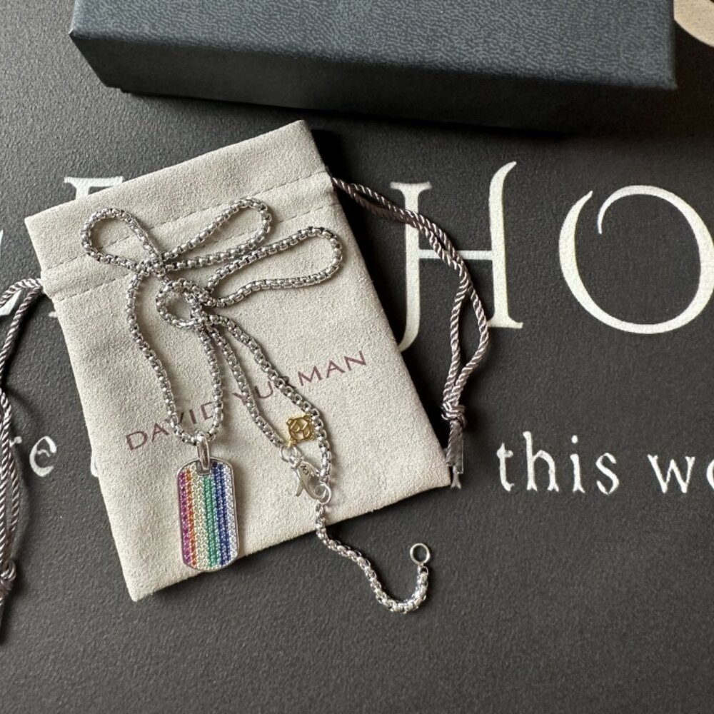 David Yurman Streamline Dog Tag Pendant Sterling Silver & Rainbow Gems L: 65cm